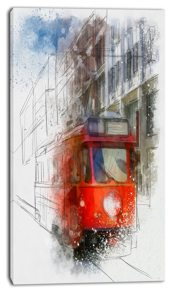 Red Trolley Car Watercolor Sketch, Large Cityscape Canvas Art Print, 16"x32"
