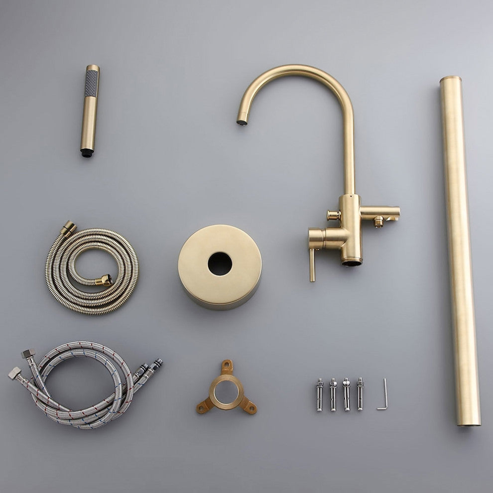 Freestanding Single Handle Tub Filler Faucet with Hand Shower, Brushed Gold