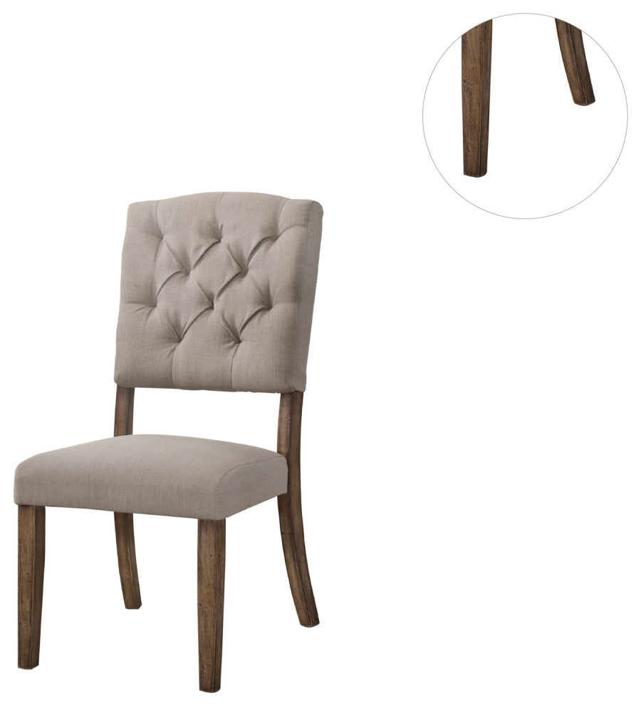 Set of 2 Linen Upholstered Side Chair, Cream/Weathered Oak Finish