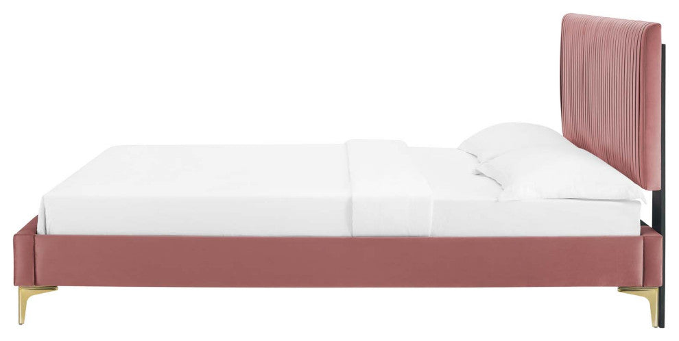 Platform Bed Frame, Full Size, Velvet, Pink, Modern Contemporary, Bedroom Master