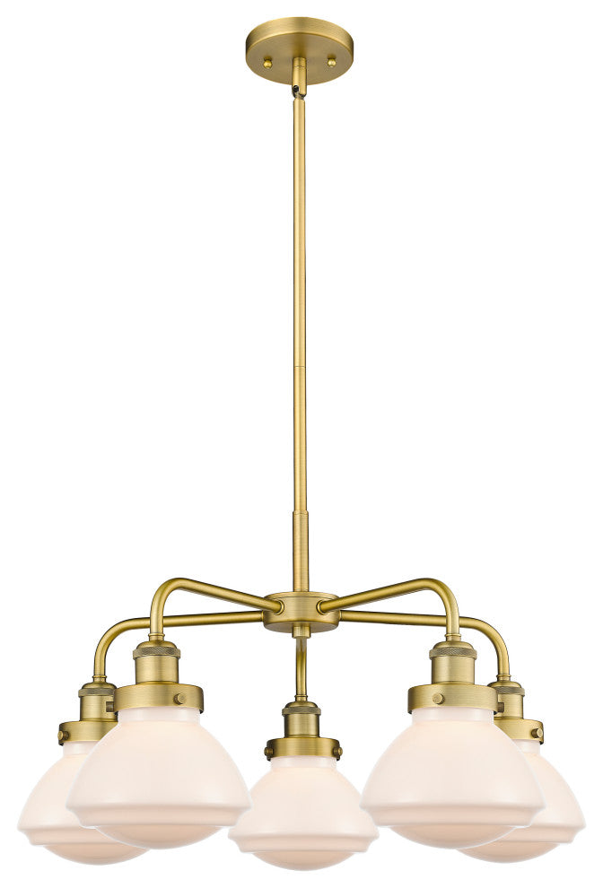 Olean-5 Light 25" Stem Chandelier-Brushed Brass, Matte White Glass Shade