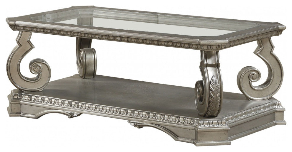30" X 54" X 20" Antique Champagne Clear Glass Wood Poly-Resin Coffee Table