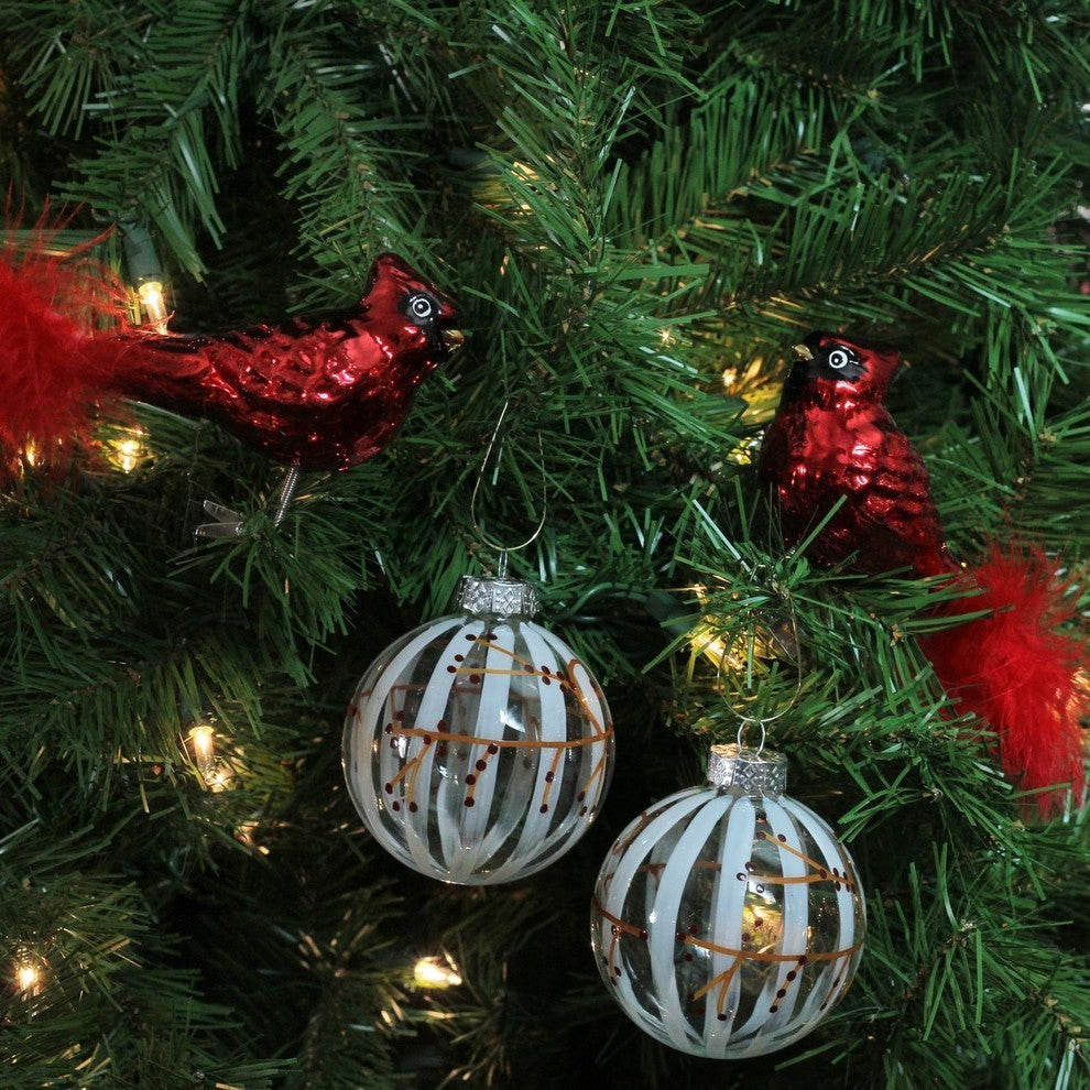 4-Piece Glitter Cardinal Shaped and Matching White Ball Glass Ornaments Set