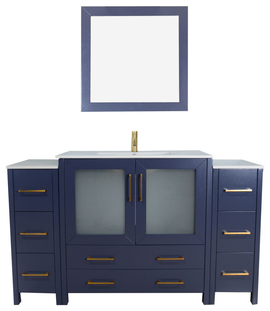 Vanity Art Single Vanity Set With Ceramic Top, 60", Blue, Led Sensor-Switch Mirror