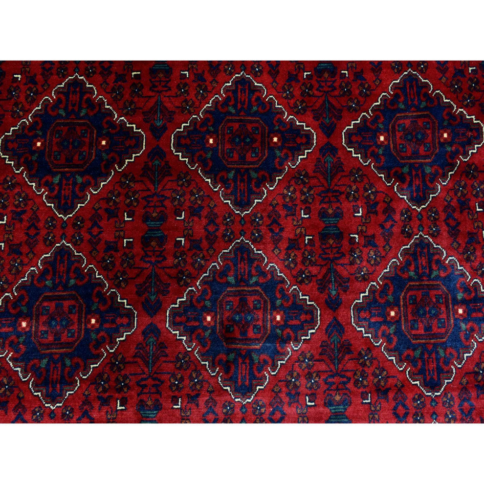 Red Hand Knotted Tribal Design Shiny Wool Afghan Khamyab Oriental Rug, 9'8"x13'