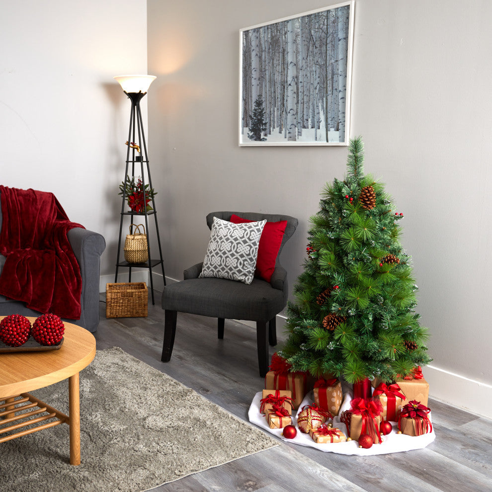4' Montana Mixed Pine Faux Xmas Tree With Pine Cones, Berries & 150 Clear Lights