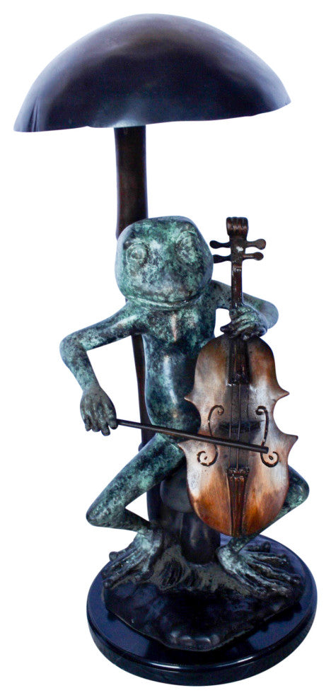 Frog playing cello under mushroom bronze statue -  Size: 10"L x 10"W x 24"H.