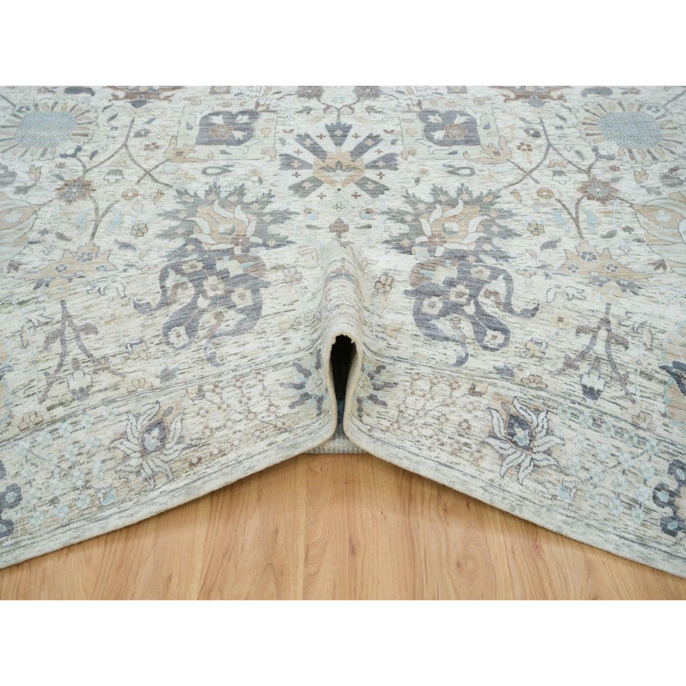 Ivory Silk With Wool Hand Knotted Tebraz Vase Design Oriental Rug, 12'x15'5"