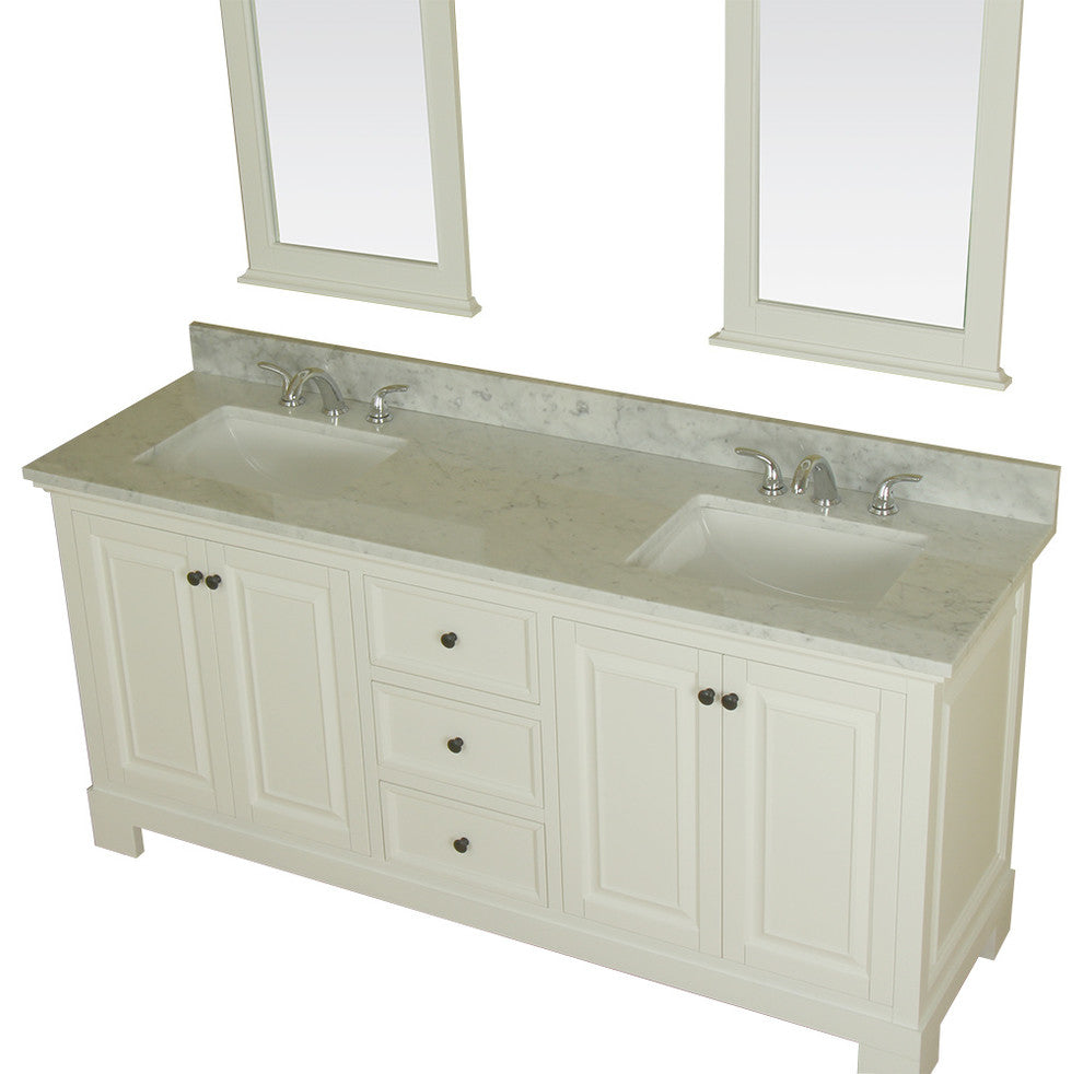 Richmond 72" Double Vanity in White, Carrera Marble Top and Mirror