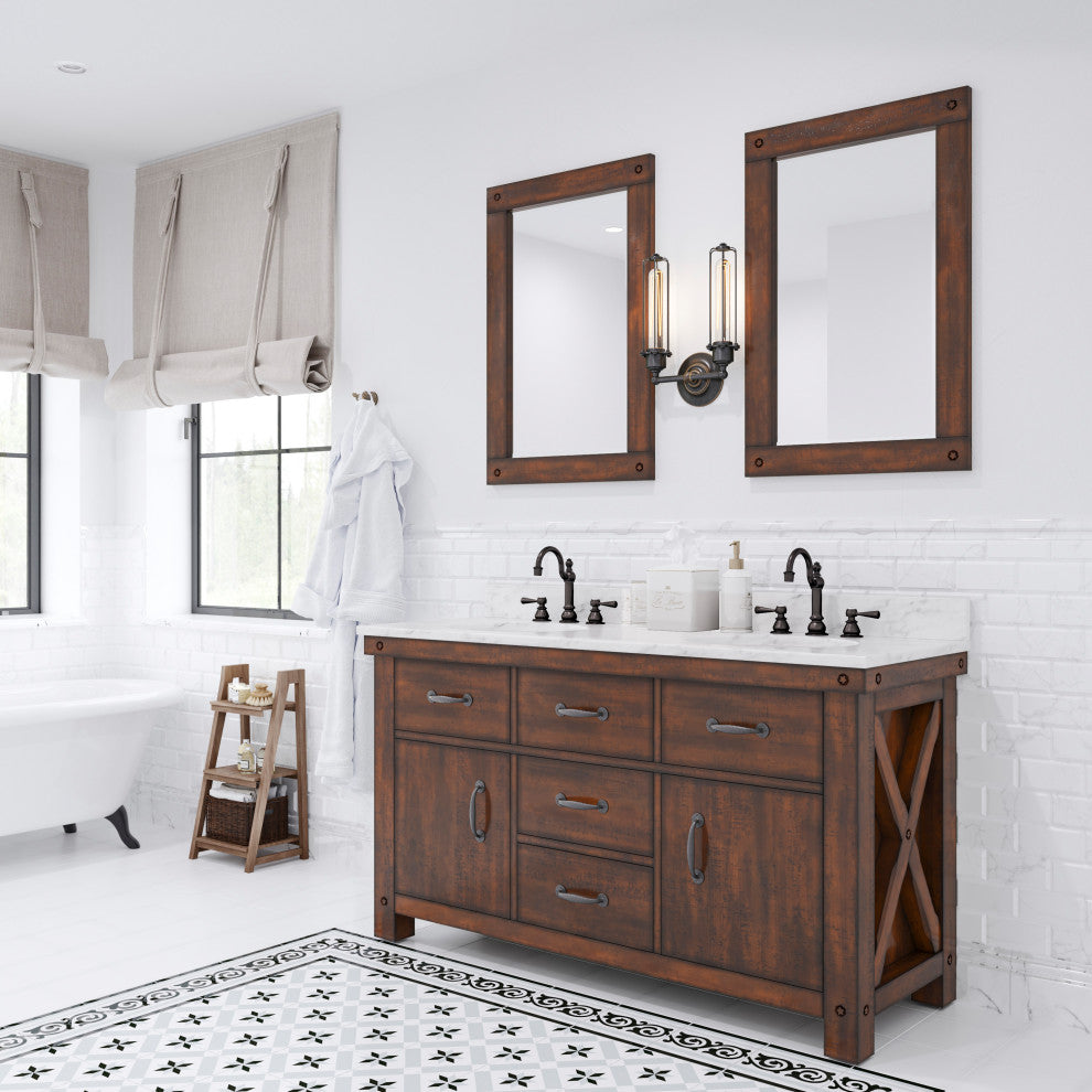 Aberdeen Carrara Marble Countertop Vanity in Rustic Sierra with Mirrors