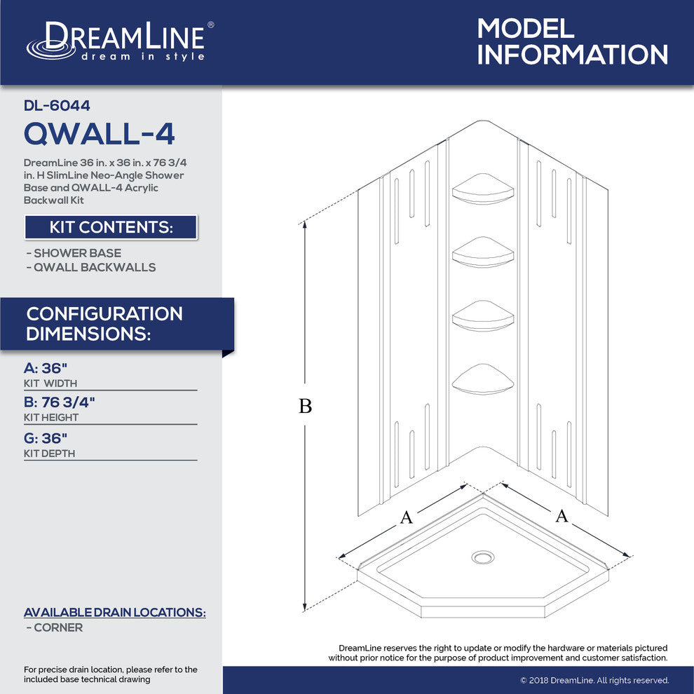 36x36x76 3/4 Neo-Angle Shower Base, QWALL-4 Acrylic Corner Backwall Kit White