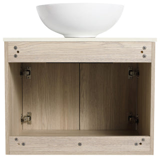 Wall-Mounted Bath Vanity, White Oak, White Ceramic Vessel Sink