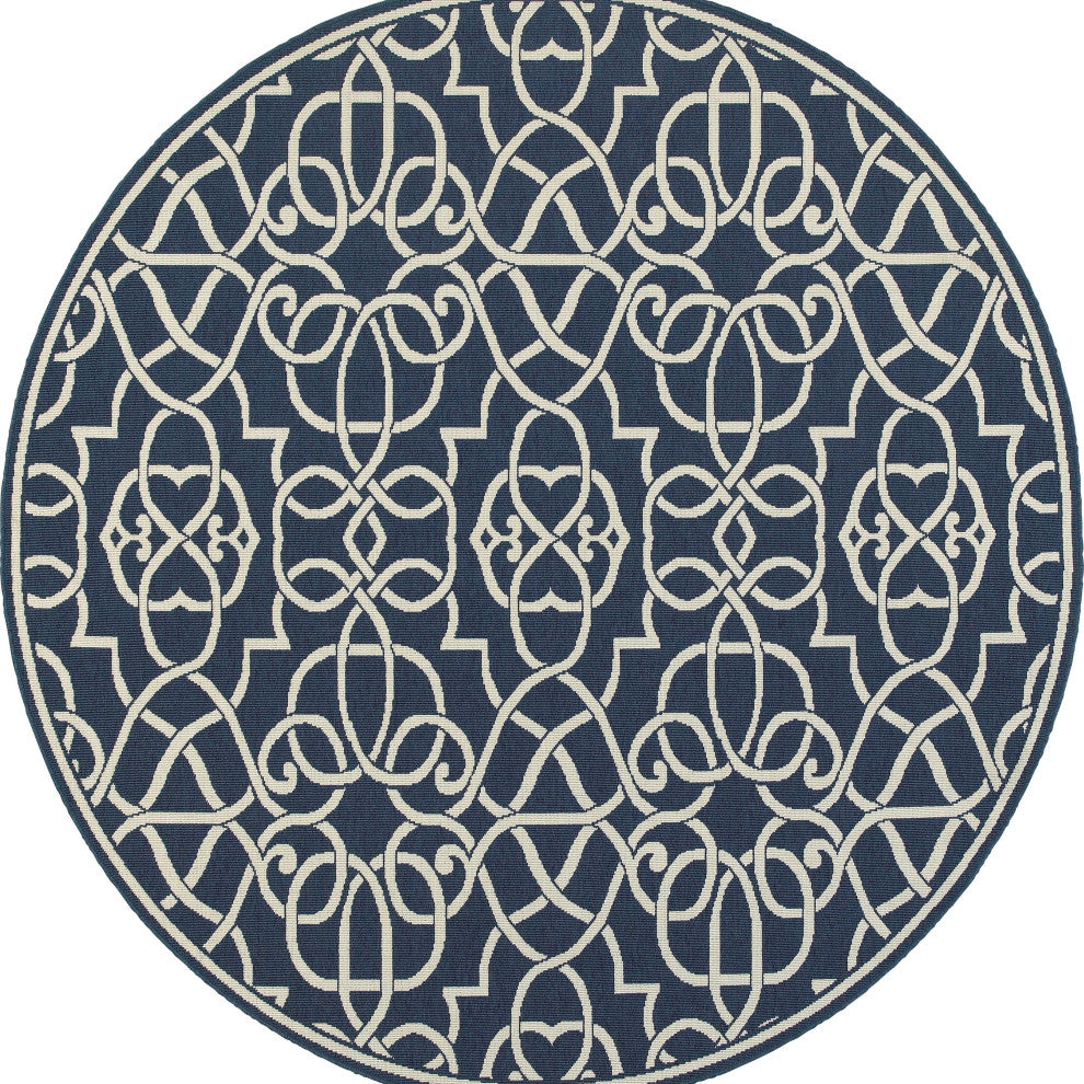 Madelina Lattice Scrollwork Navy Indoor or Outdoor Rug, 7'10" Round