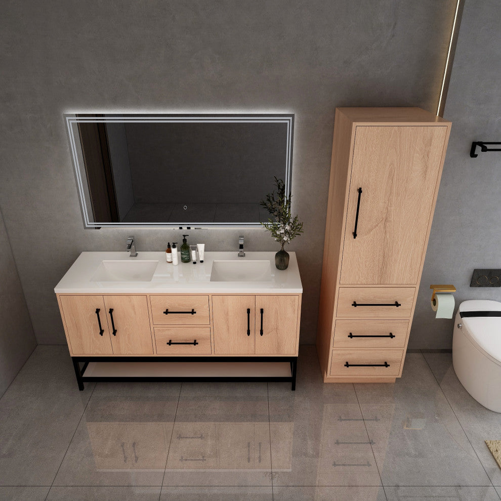 Victoria 60'' Solid Wood Open Shelf Bath Vanity Double Sink, Red Oak