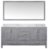 72" Distressed Gray Double Vanity, White Marble Top, White Sinks and 70" Mirror