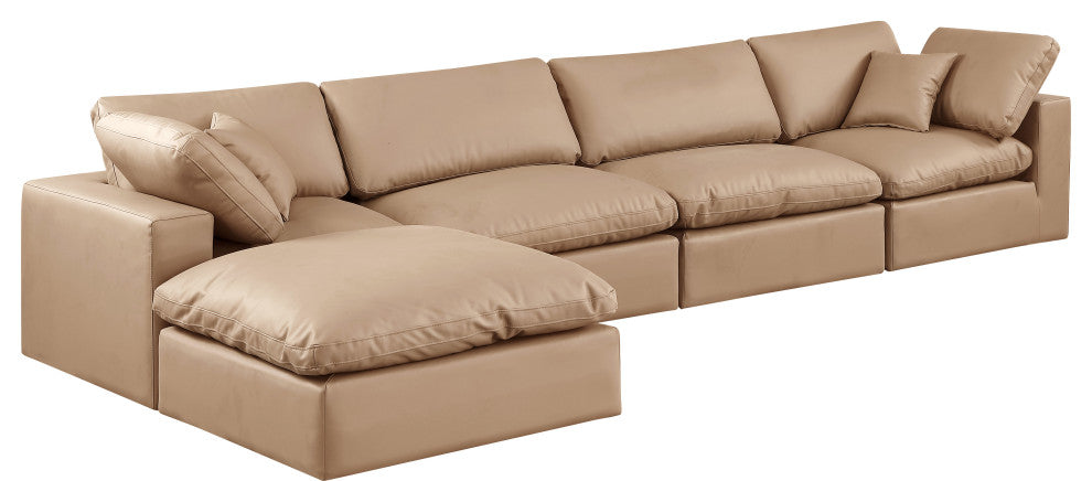Comfy Upholstered L-Shaped Modular Sectional, Tan, 5-Piece: 2 Armless Chair, 2 Corner Chair, 1 Ottoman, Vegan Leather