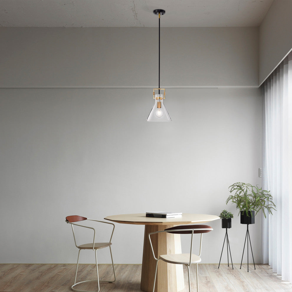 1-Light 10" Cone Glass Pendant, Black/Antique Gold