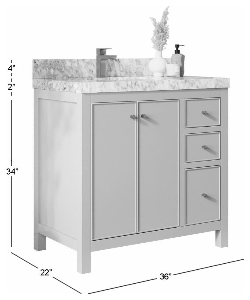Chicago 36" Left Offset Bathroom Vanity, Fine Grain 2" Calacatta Laza