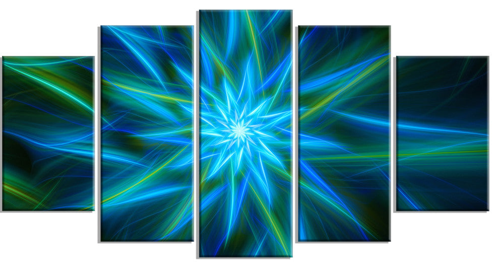 Shining Turquoise Exotic Flower, Floral Canvas Art Print, 60"x32", 5 Panels