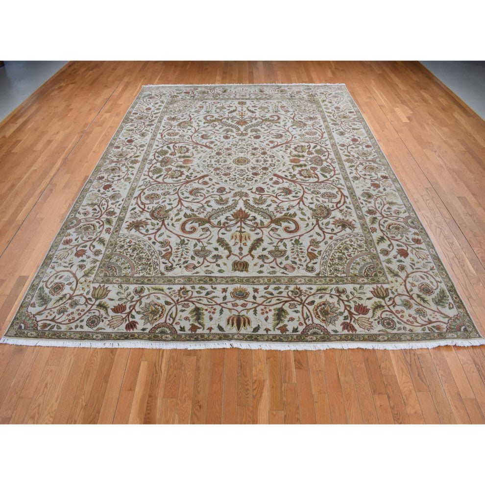 Gray Silk With Wool Mughal Inspired Branch Design Hand Knotted Rug 10'1"x13'9"