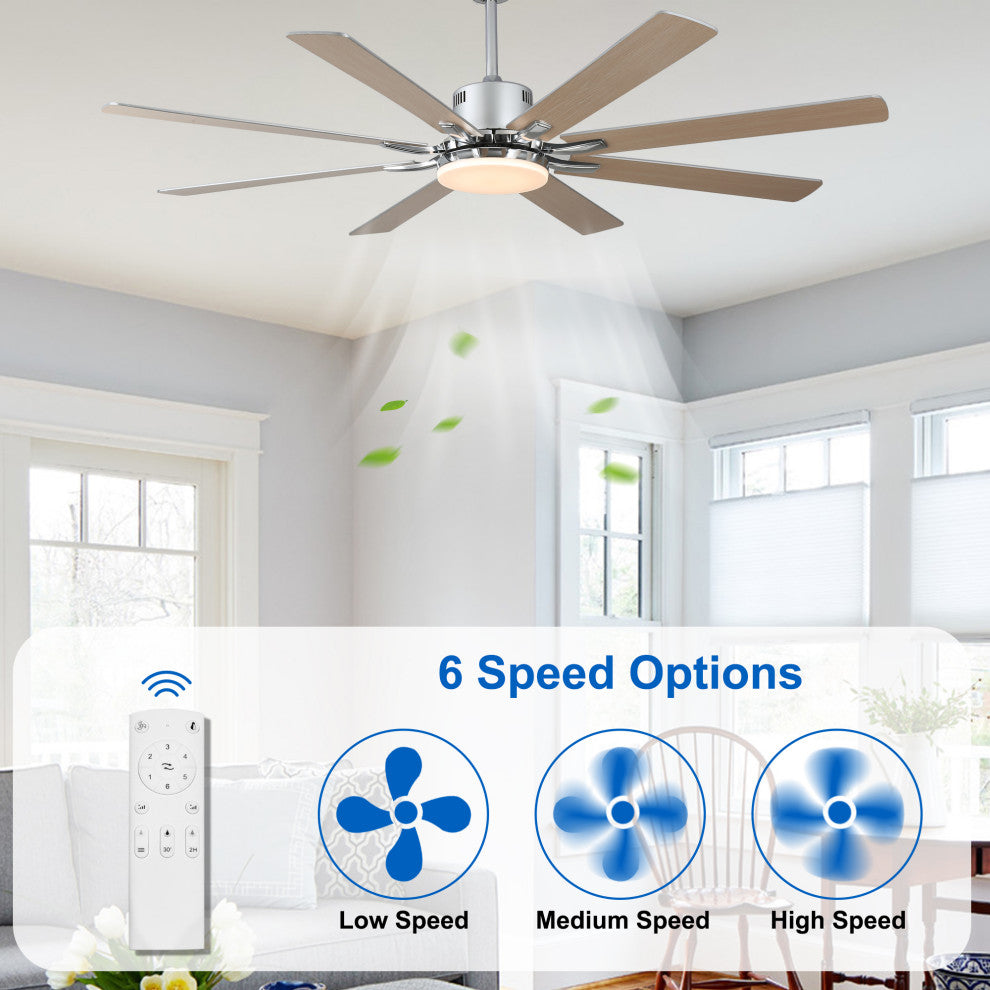 Large 72" Modern 8 Wood Blades Ceiling Fan w Dimmable LED Light Kit , Chrome