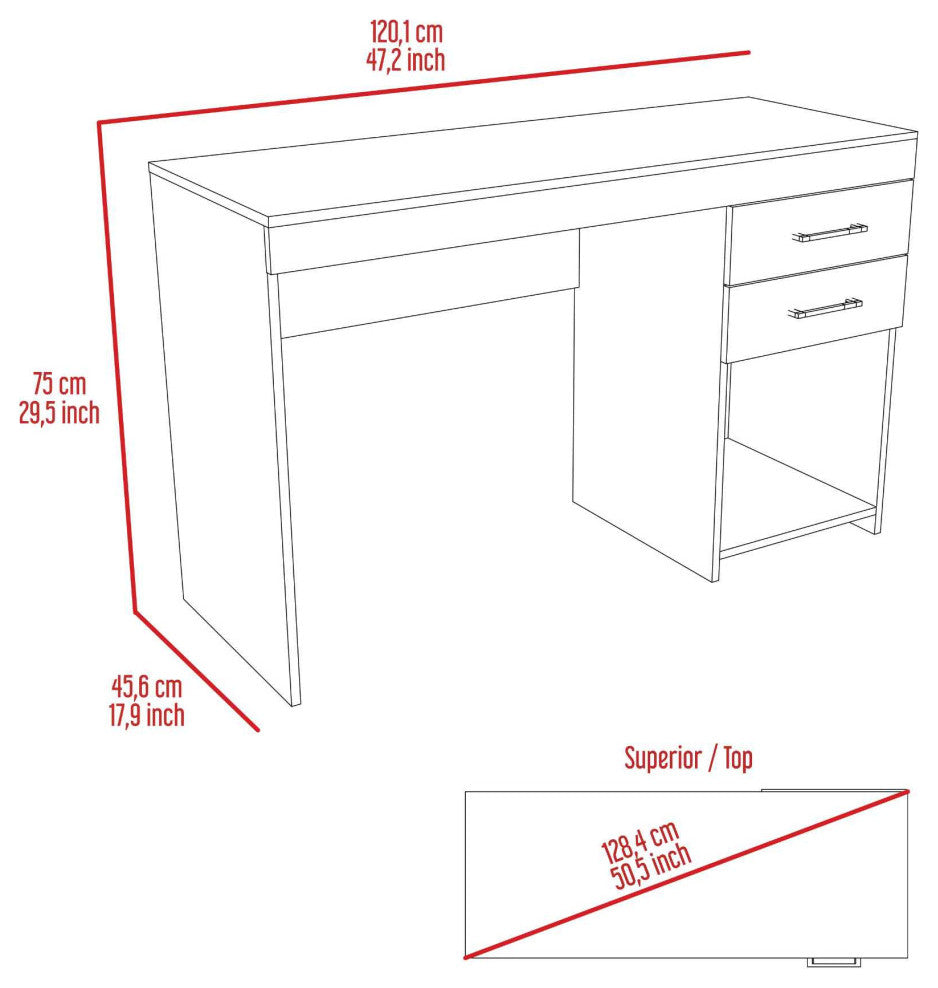 Austin Computer Desk with 2 Drawers, 1 Open Shelf, and Metal Handles, Black
