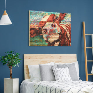 "Curious Cow" Wall Art Digital Print on Solid Wood, 45"x1.5"x30"