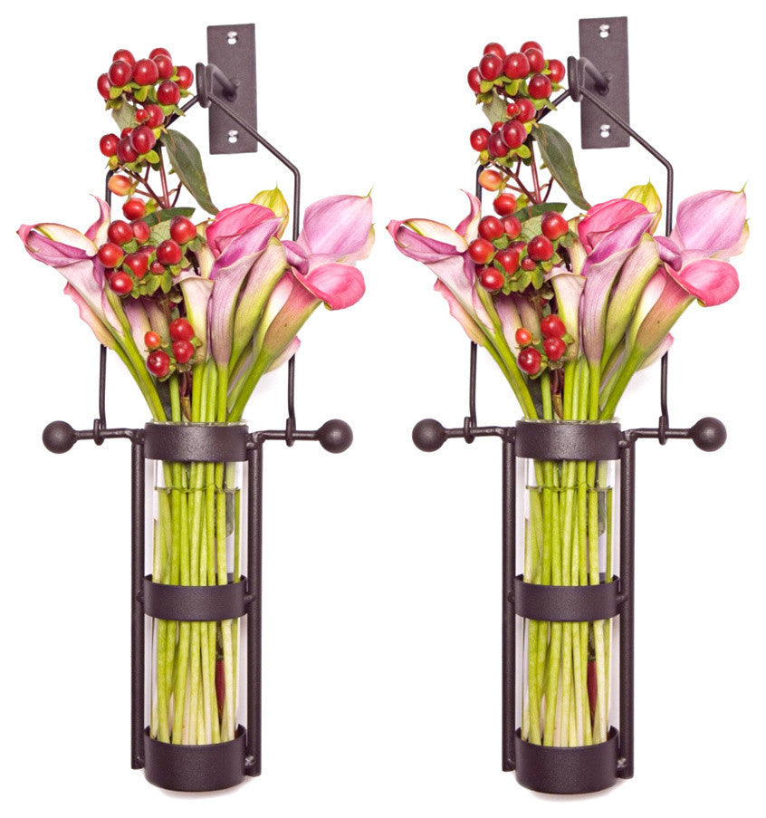 Wall Mount Hanging Glass Cylinder Vases With Metal Cradle and Hooks, Set of 2