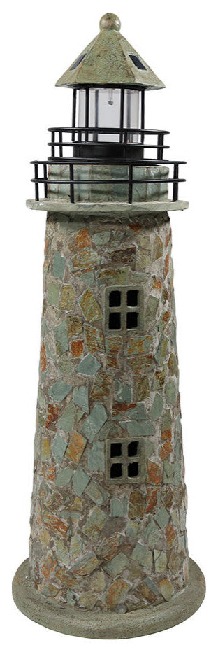 Sunnydaze Outdoor Garden Solar LED Cobblestone Lighthouse Statue Decor, 35"