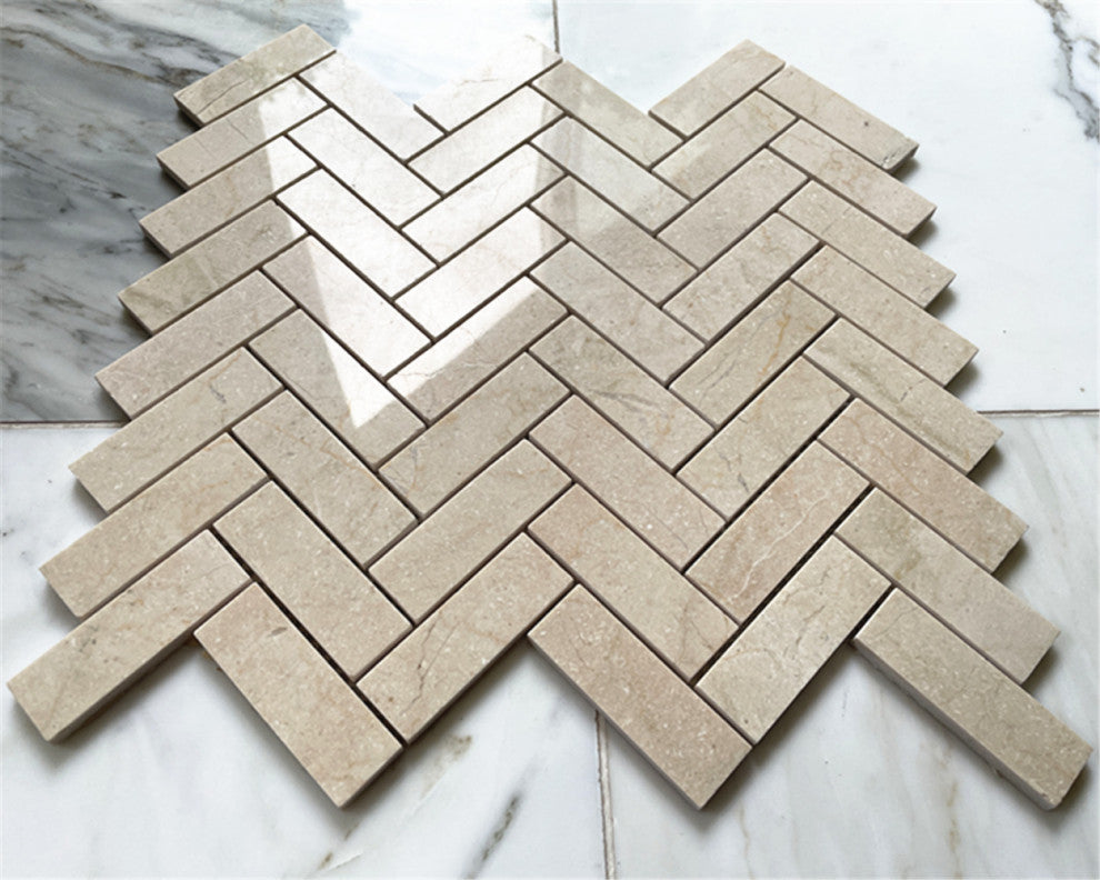 Crema Marfil Marble 1x3 Herringbone Mosaic Tile Polished, 1 sheet