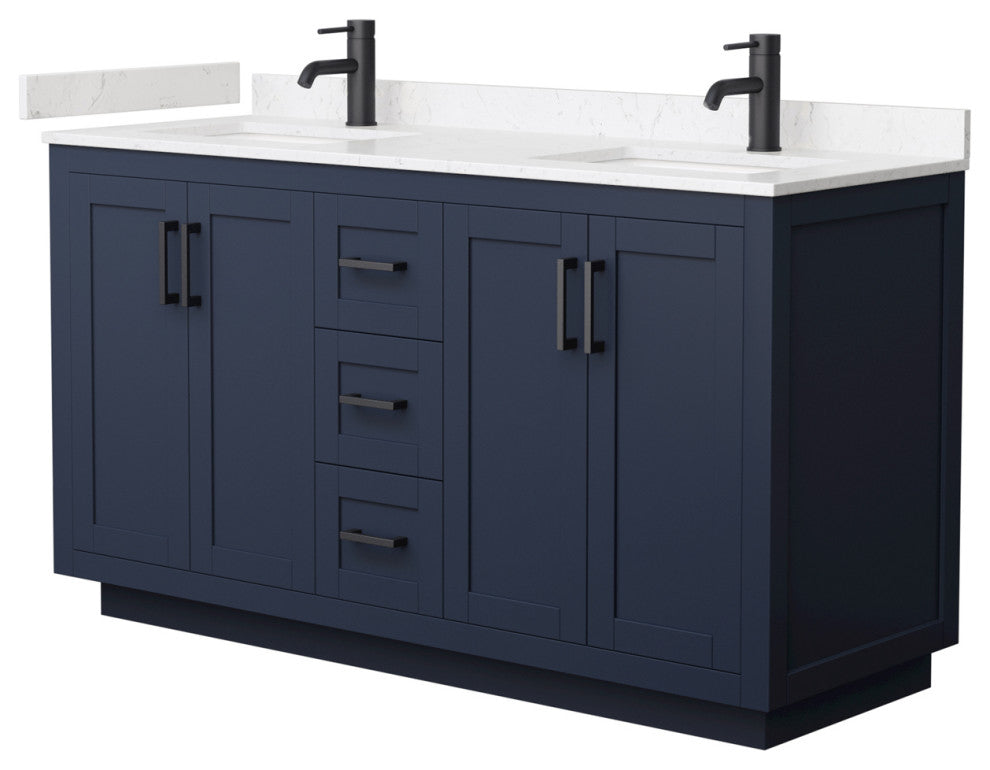 60"DBL Vanity Dark Blue, Light-Vein Carrara Cult. Marble Top, Sinks, Black Trim