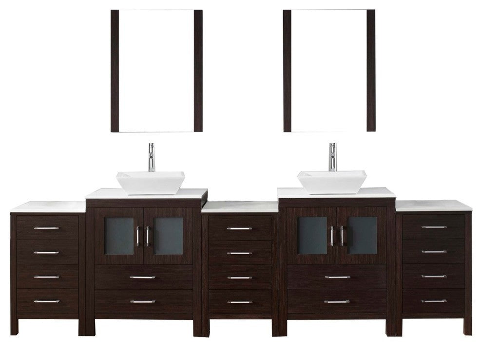 Dior 110" Double Bathroom Vanity, Espresso, White Stone, Chrome Faucets