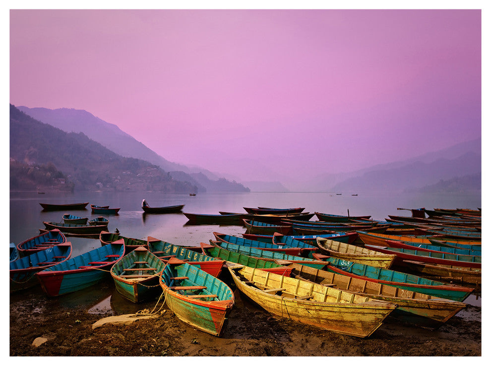 Boats under Twilight Sky in Phewa, Boat Canvas Art Print, 40"x30"