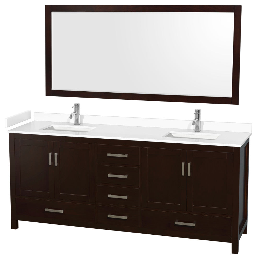80"DBL Bathroom Vanity Espresso, White Cult. Marble Countertop, Sinks, 70"Mirror