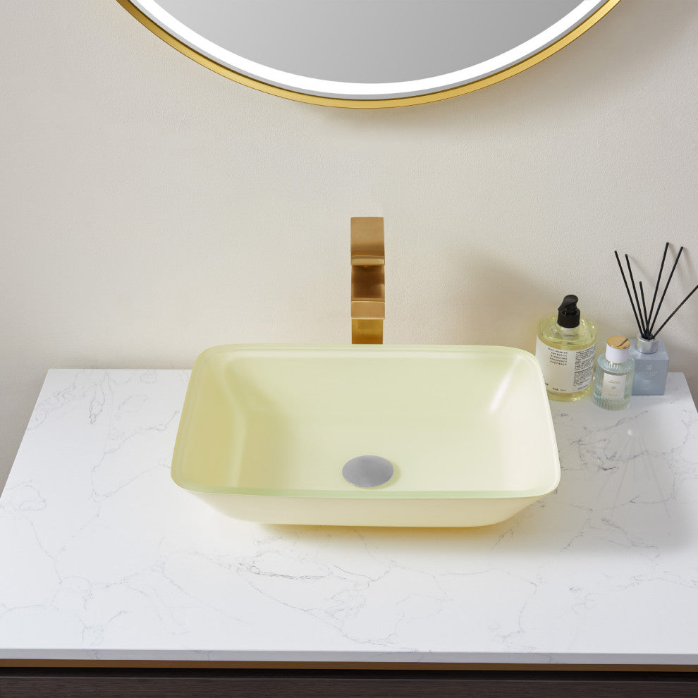 Glass Rectangular Vessel Bathroom Sink without Faucet, Matte White