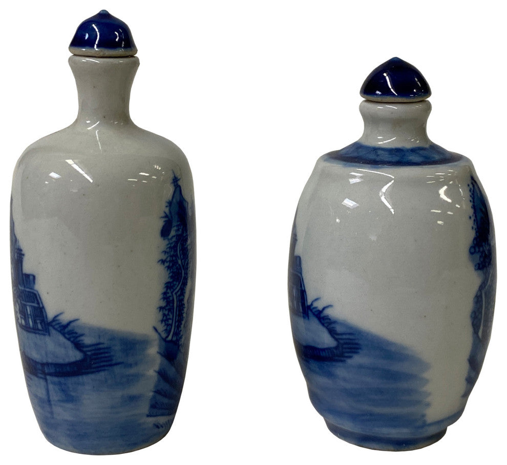 2 x Chinese Porcelain Snuff Bottle With Blue White Scenery Graphic Hws1326