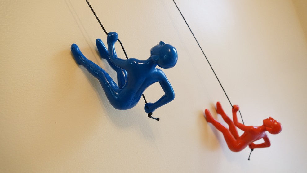 Blue and Orange Position #2 Climbing Man Wall Art, Set of 2