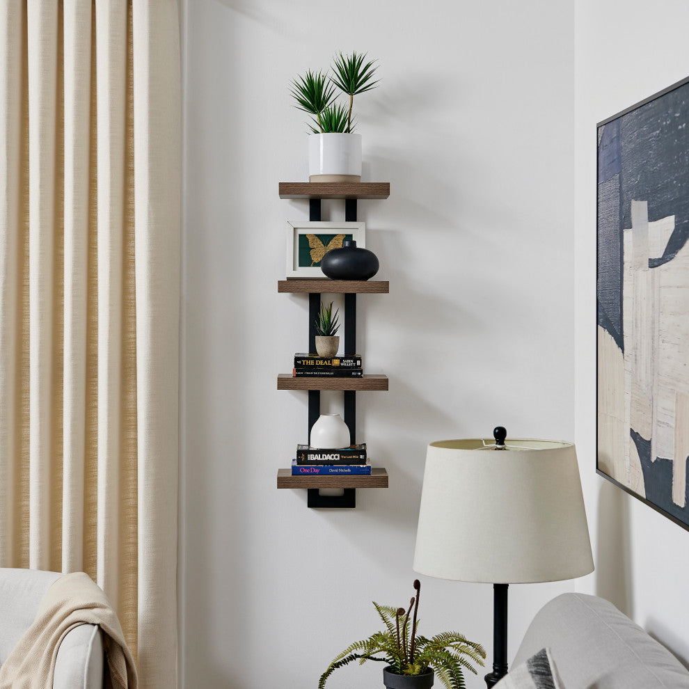 Danya B. 4-Tier Ladder Bracket Floating Wall Shelves Metal and MDF, Walnut