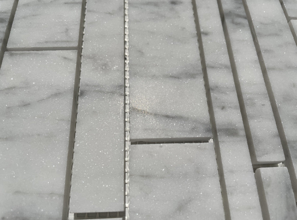 Carrara White Marble Random Strip Modern Brick Mosaic Tile Honed, 1 sheet