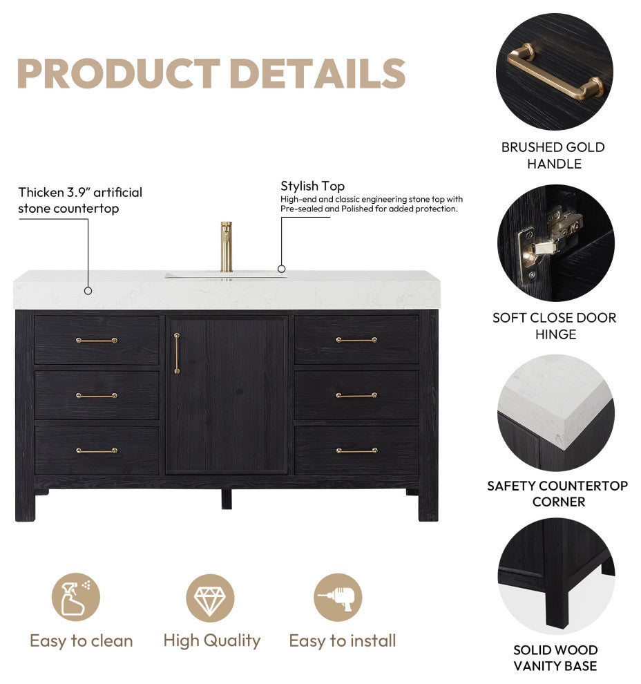 Leon Bath Vanity With Composite Stone Top, Fir Wood Black, 60"single Sink, No Mirror