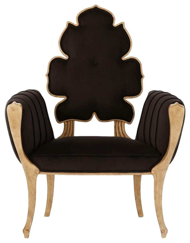 Luxe Elegant Sculpted Velvet Black Arm Chair, Mid Century Modern Wiggle Side