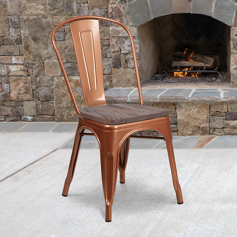 Copper Metal Stackable Chair With Wood Seat