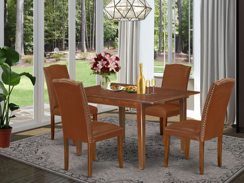 5Pc 42/53.5" Dinette Table, 12 In Leaf, Four Parson Chair, Brown Flaux Leather