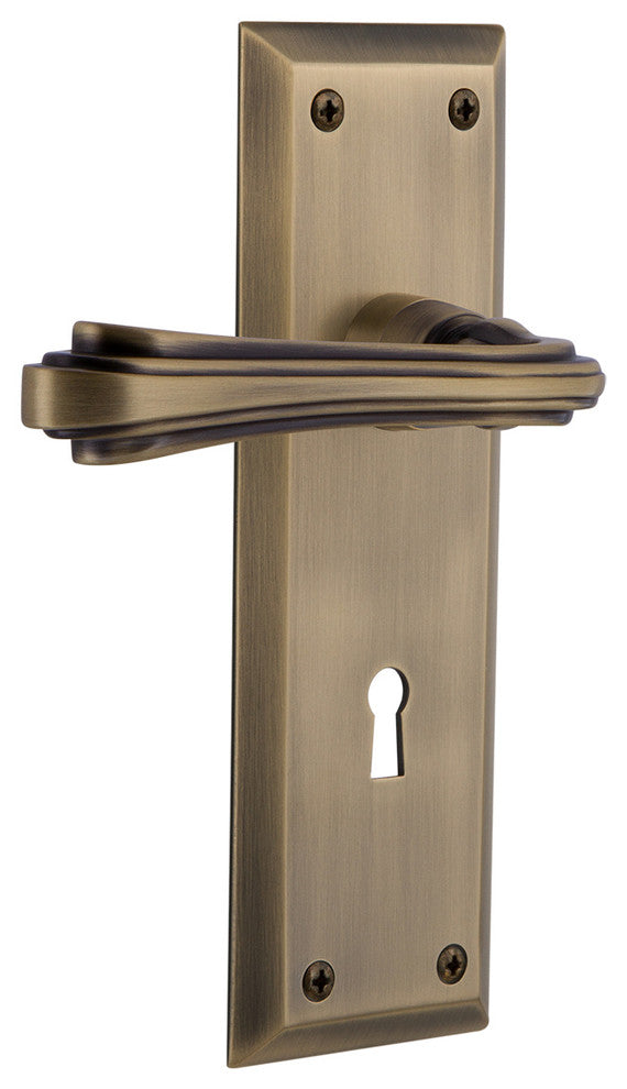 New York Plate With Keyhole Fleur Lever, Antique Brass, Left-Handed