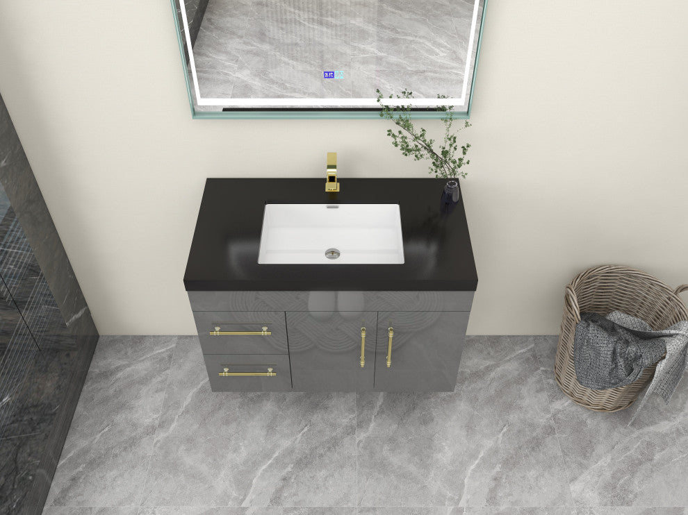 Rosa 36" Wall Mounted Modern Vanity, High Gloss Gray, Matt Black Top