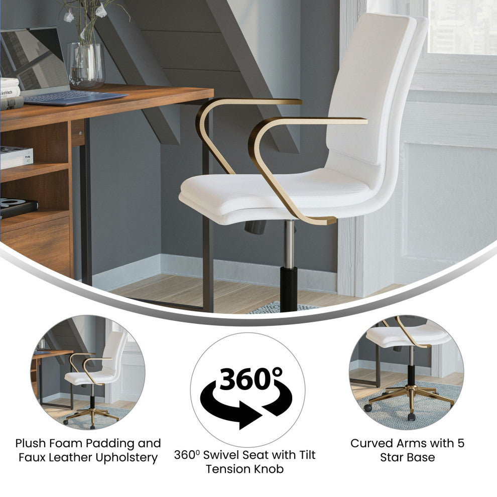 James Mid-Back Executive Upholstered Office Chair with Arms, White/Gold