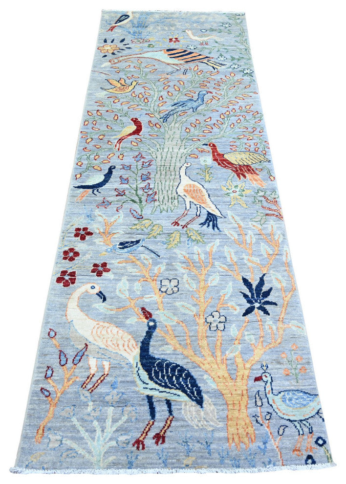 Gray Peshawar Birds of Paradise Abrash Hand Knotted Runner Rug, 2'7"x7'10"