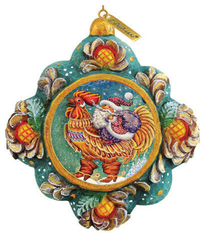 Hand Painted Scenic Ornament Rooster Santa