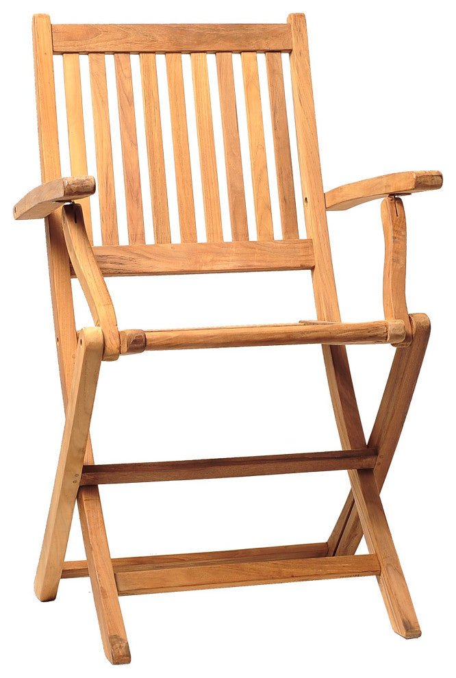 Set of 2 Folding Chair, Teak Wood Construction With Slatted Seat & Arms, Natural