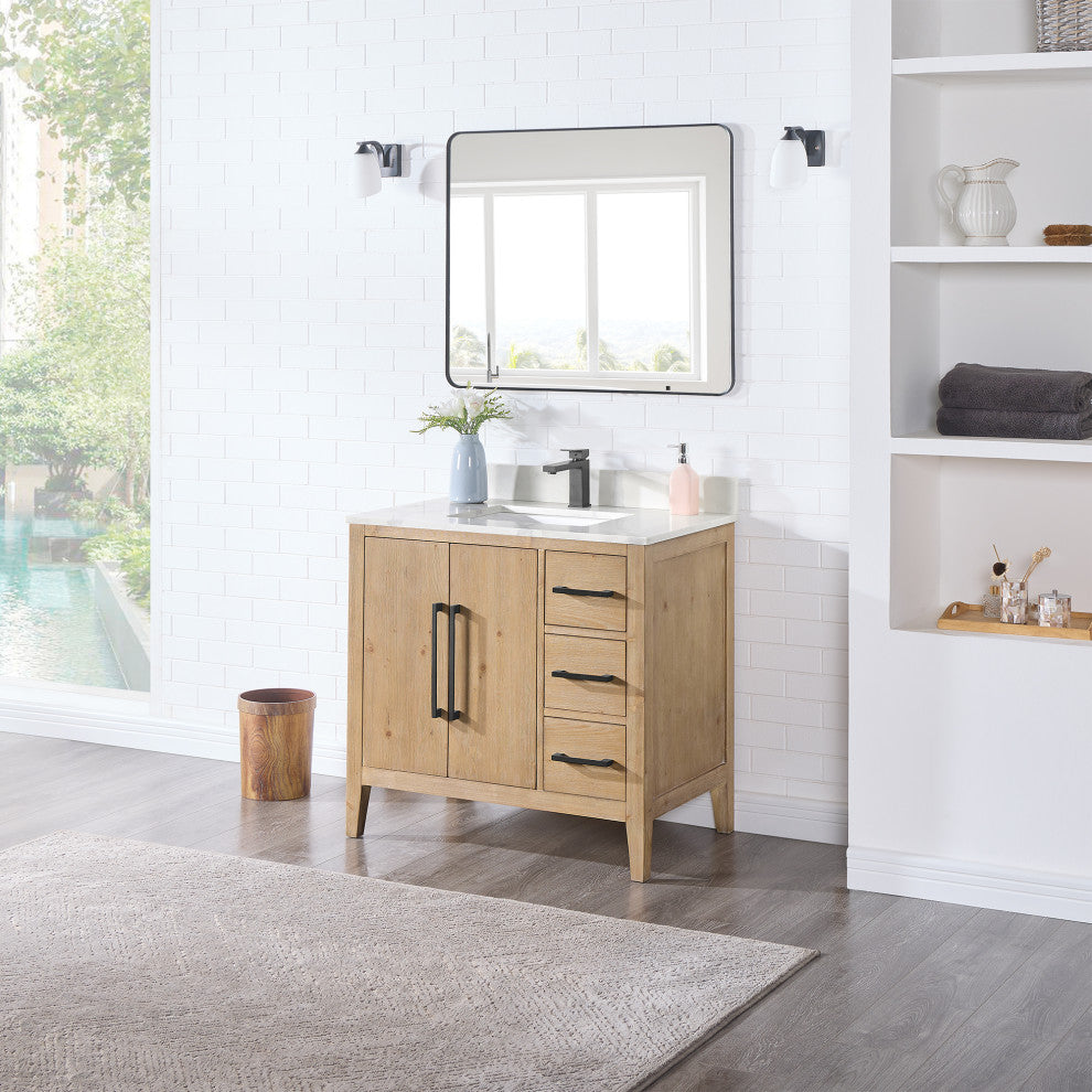 Laurel Bathroom Vanity with Calacatta White Quartz Stone Countertop, Weathered Fir, 36", With Mirror